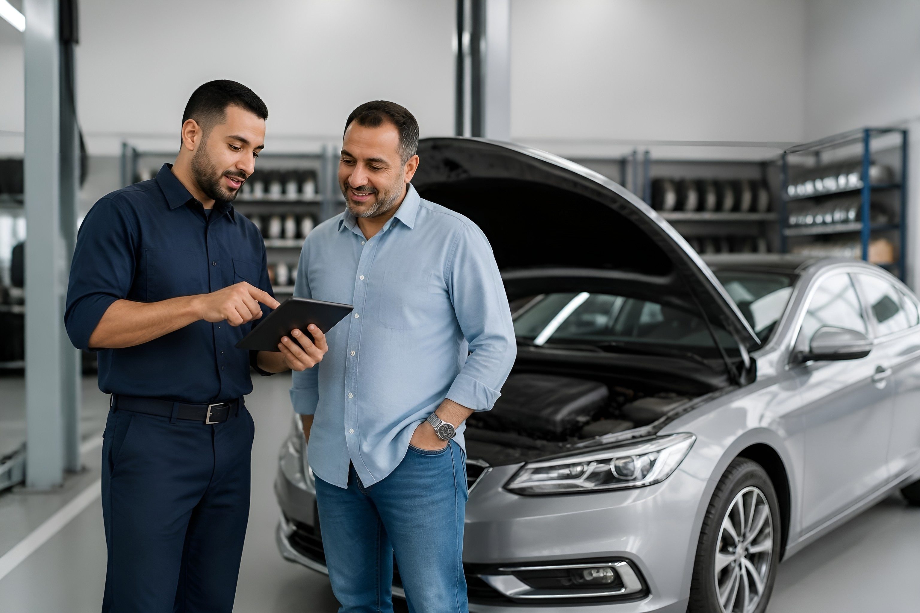 Service advisor walking a customer through a car service on a tablet