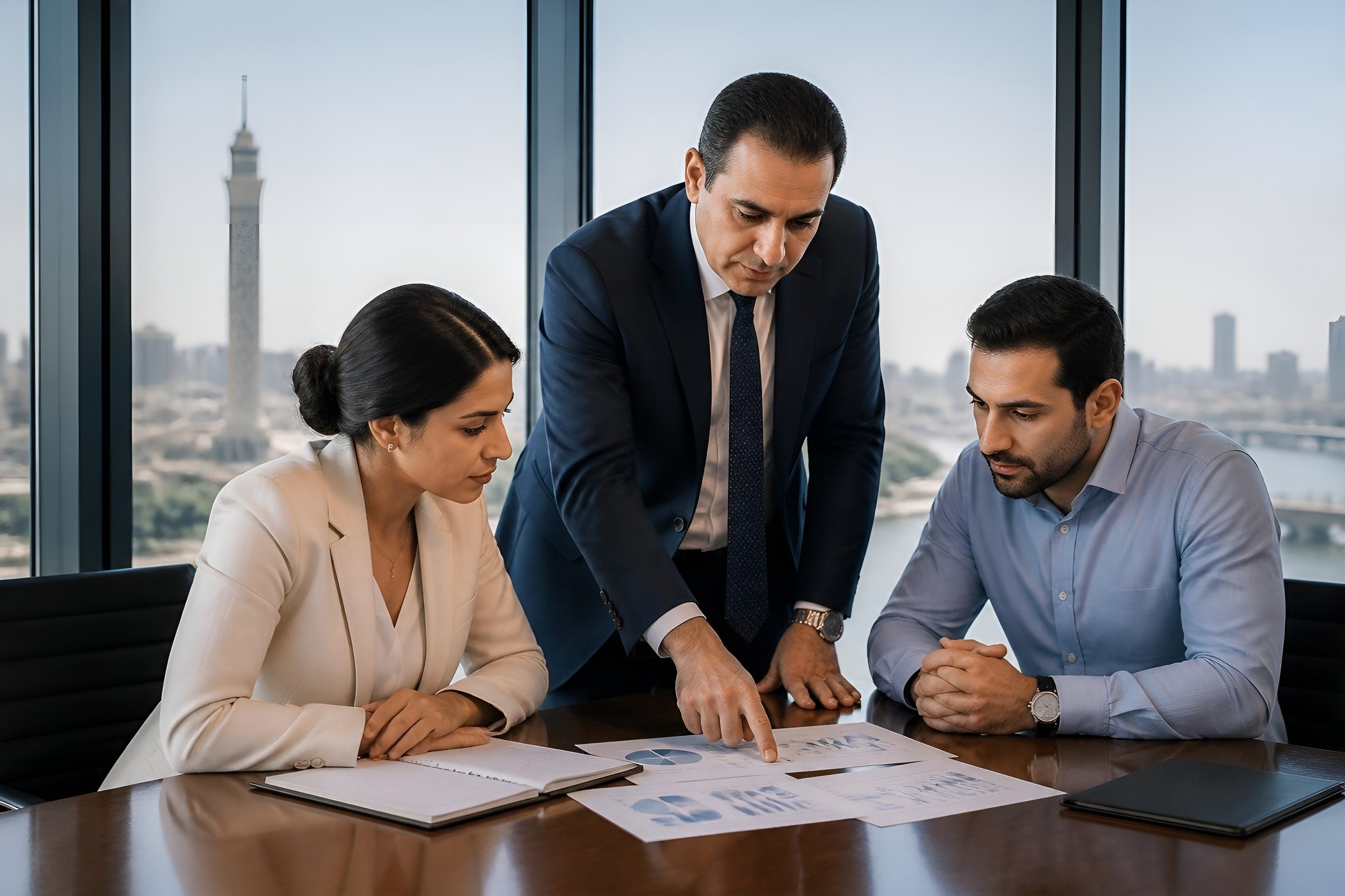 Finance director reviewing a printed chart with two colleagues in a Cairo boardroom