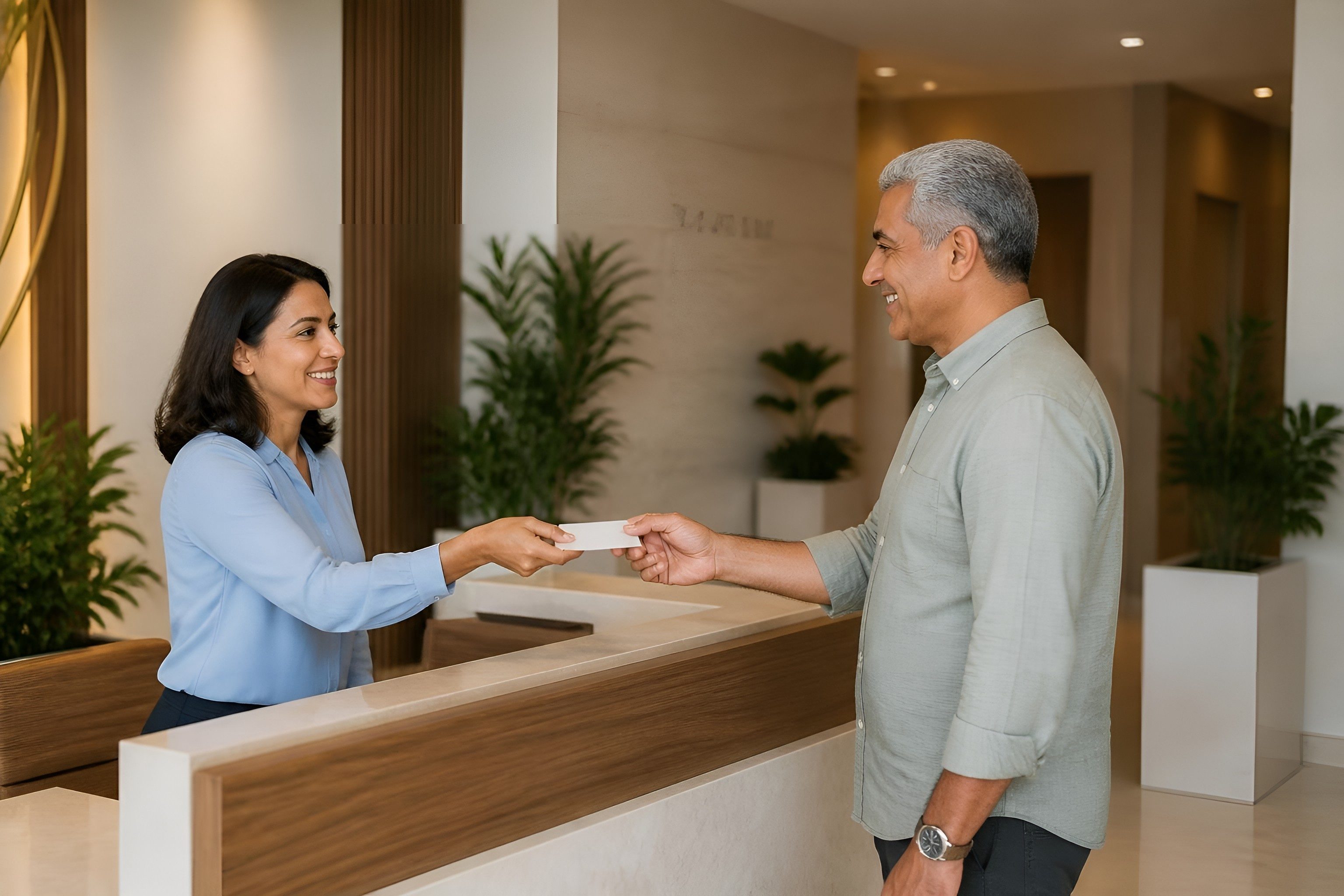 Clinic receptionist handing an appointment card to a patient