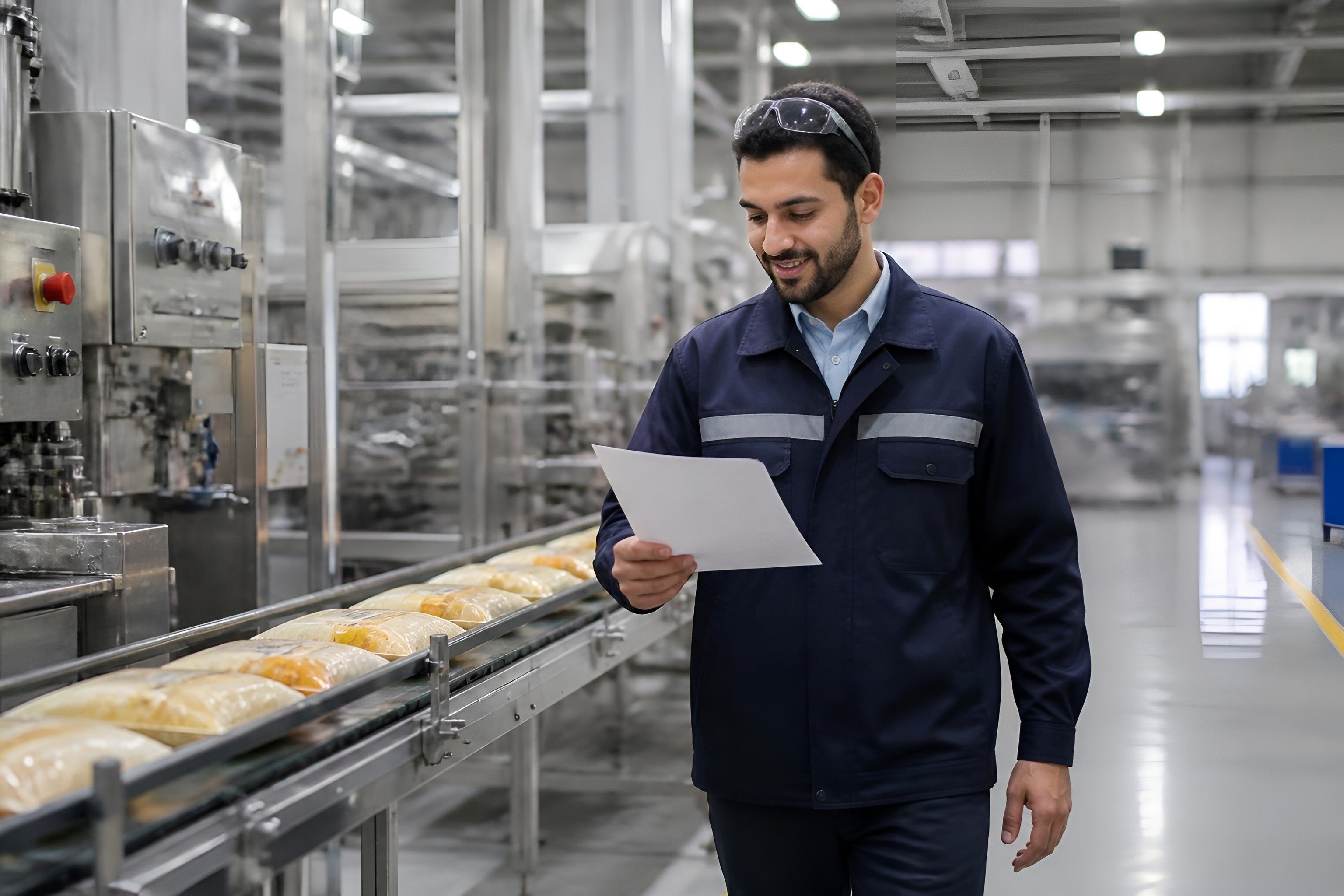 Production engineer checking a batch sheet beside a packaging line