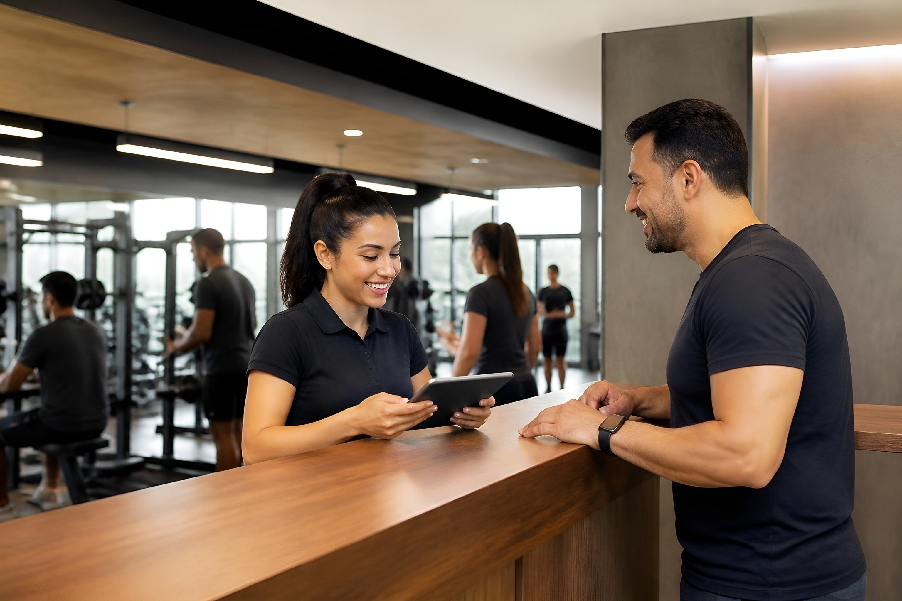Gym receptionist checking in a member at the front desk