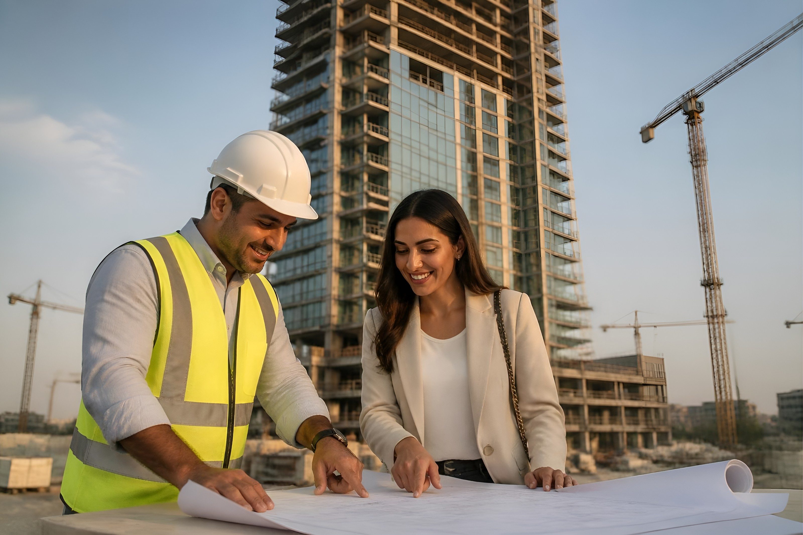 Site engineer and client reviewing plans in front of a tower under construction