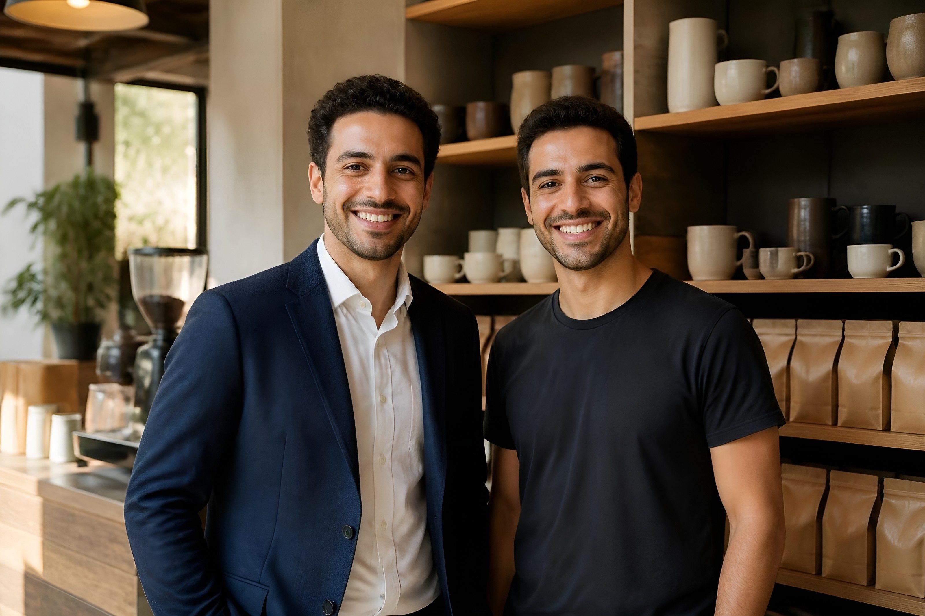 Two owners smiling in their coffee shop