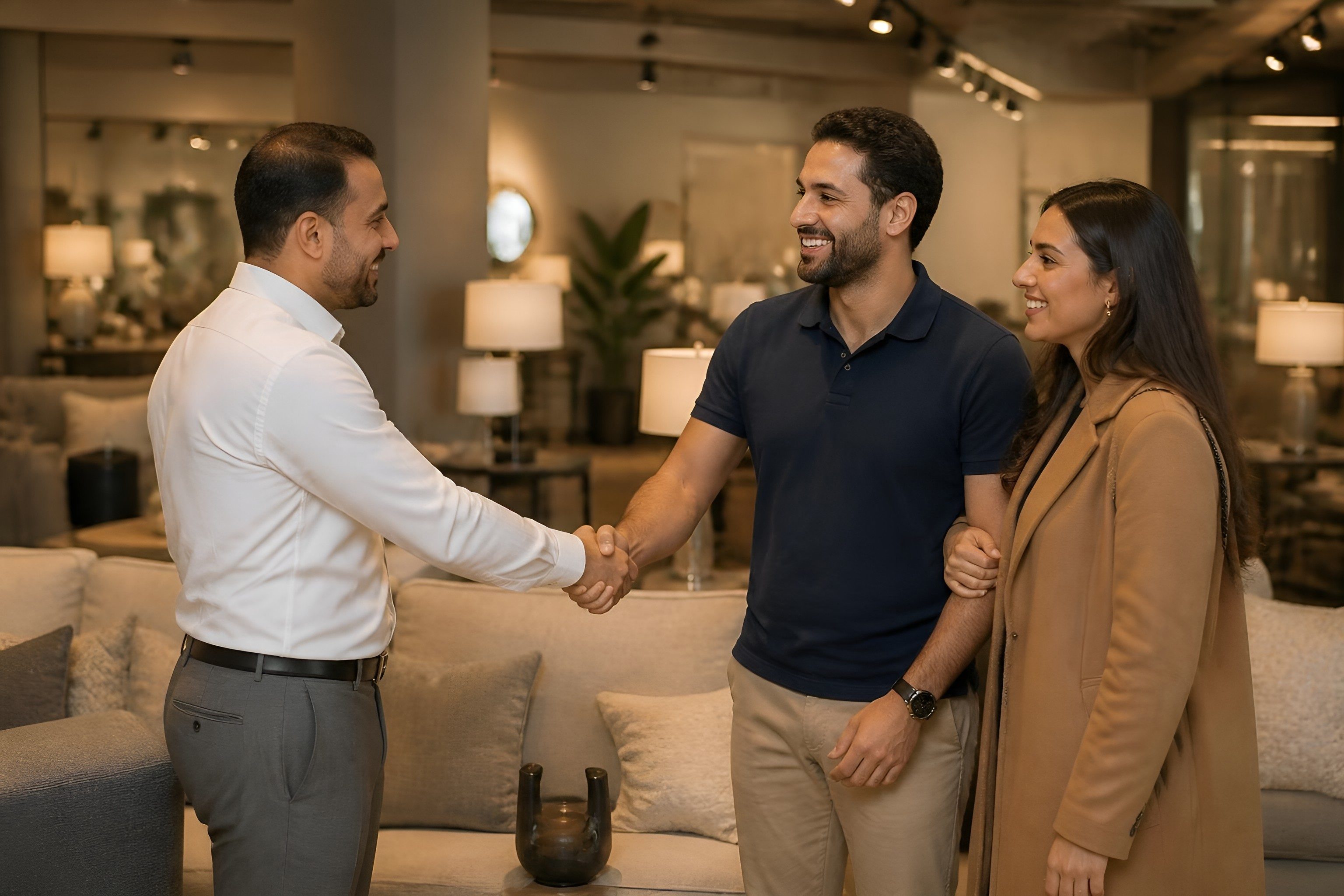 Sales consultant shaking hands with a couple in a furniture showroom