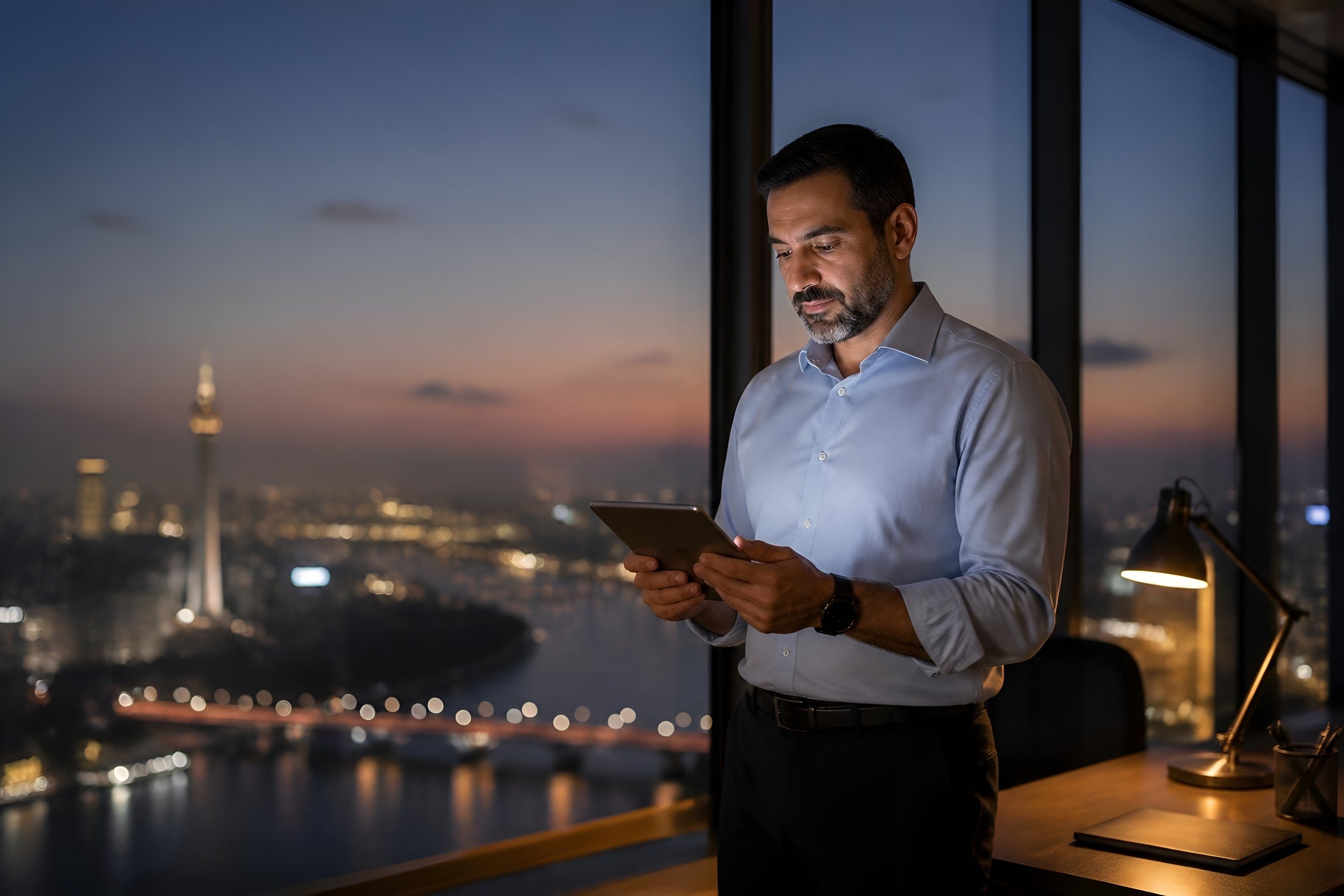 IT director reviewing a tablet by a window overlooking the Nile and Cairo Tower at dusk