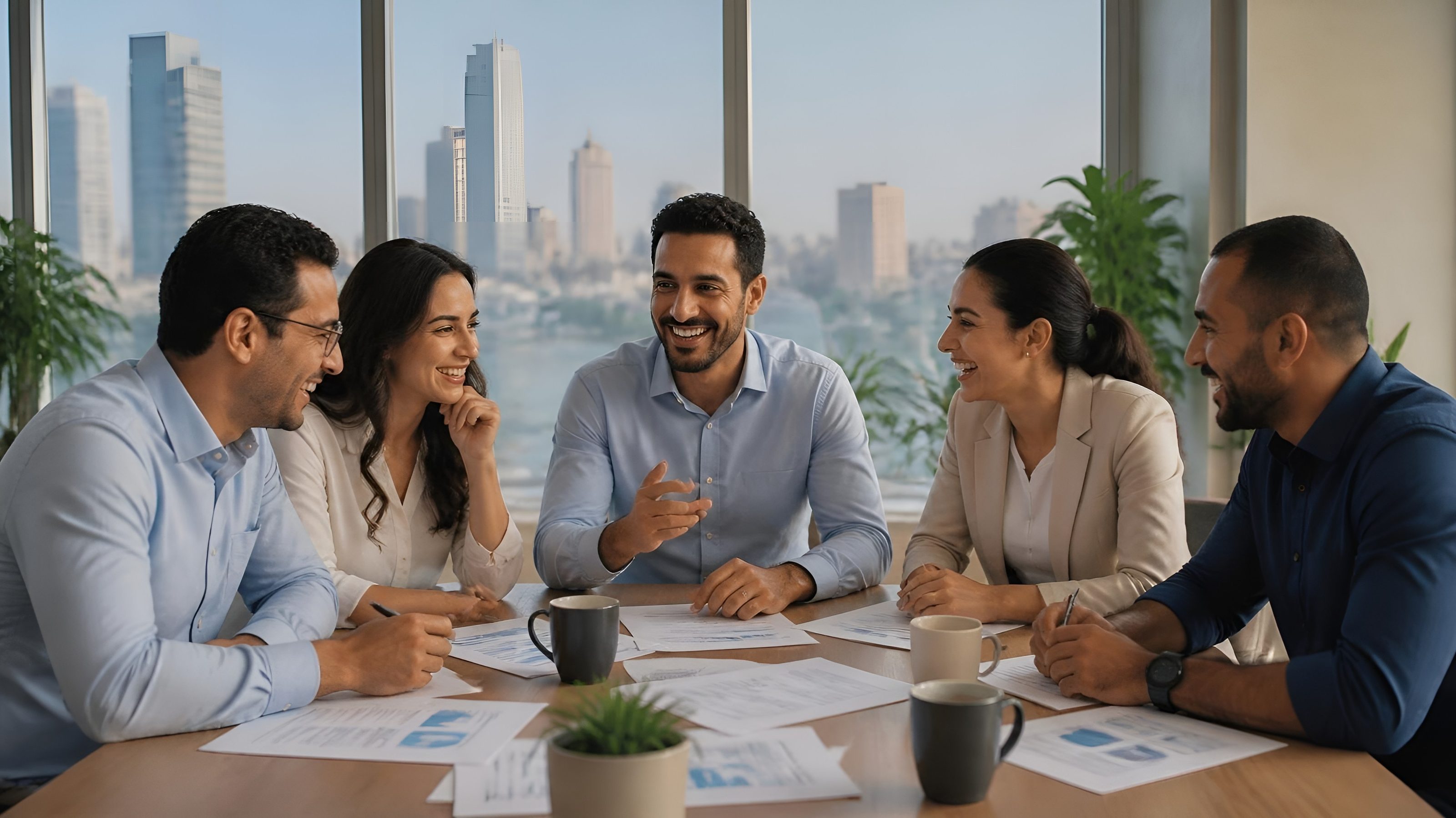 Five colleagues laughing around a table in a Cairo office