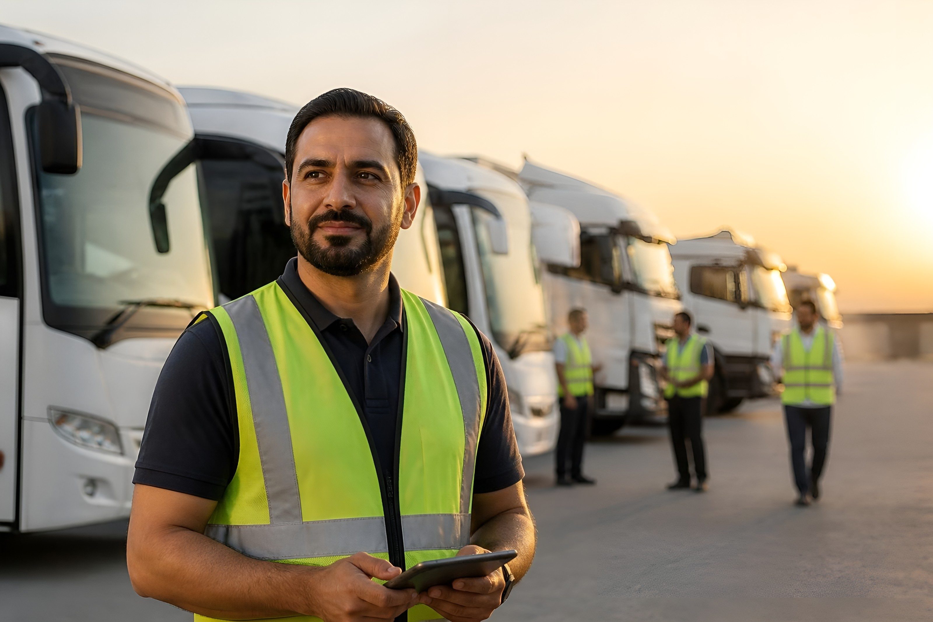 Fleet supervisor with a tablet in front of parked buses and trucks at sunset