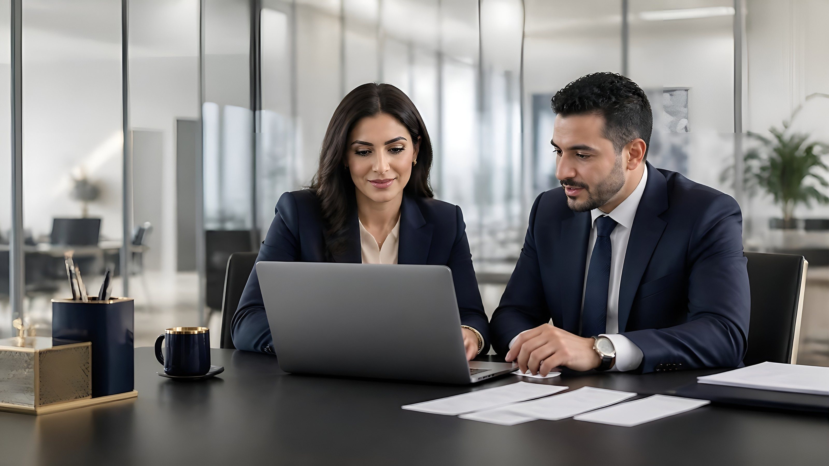 A finance manager and a colleague reviewing accounts on a laptop