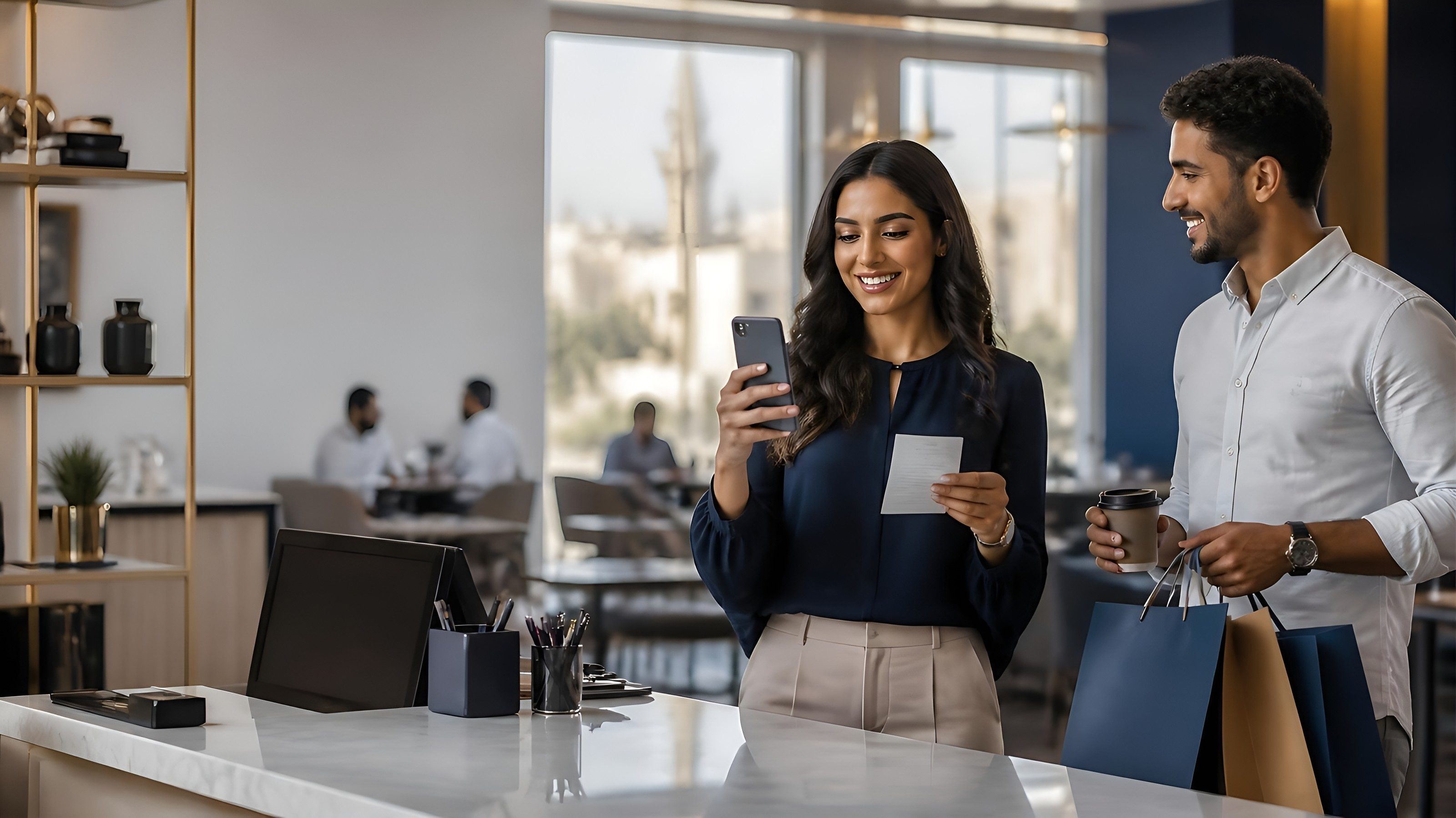 Two shoppers at a store counter; one photographs her receipt with her phone while the other holds shopping bags