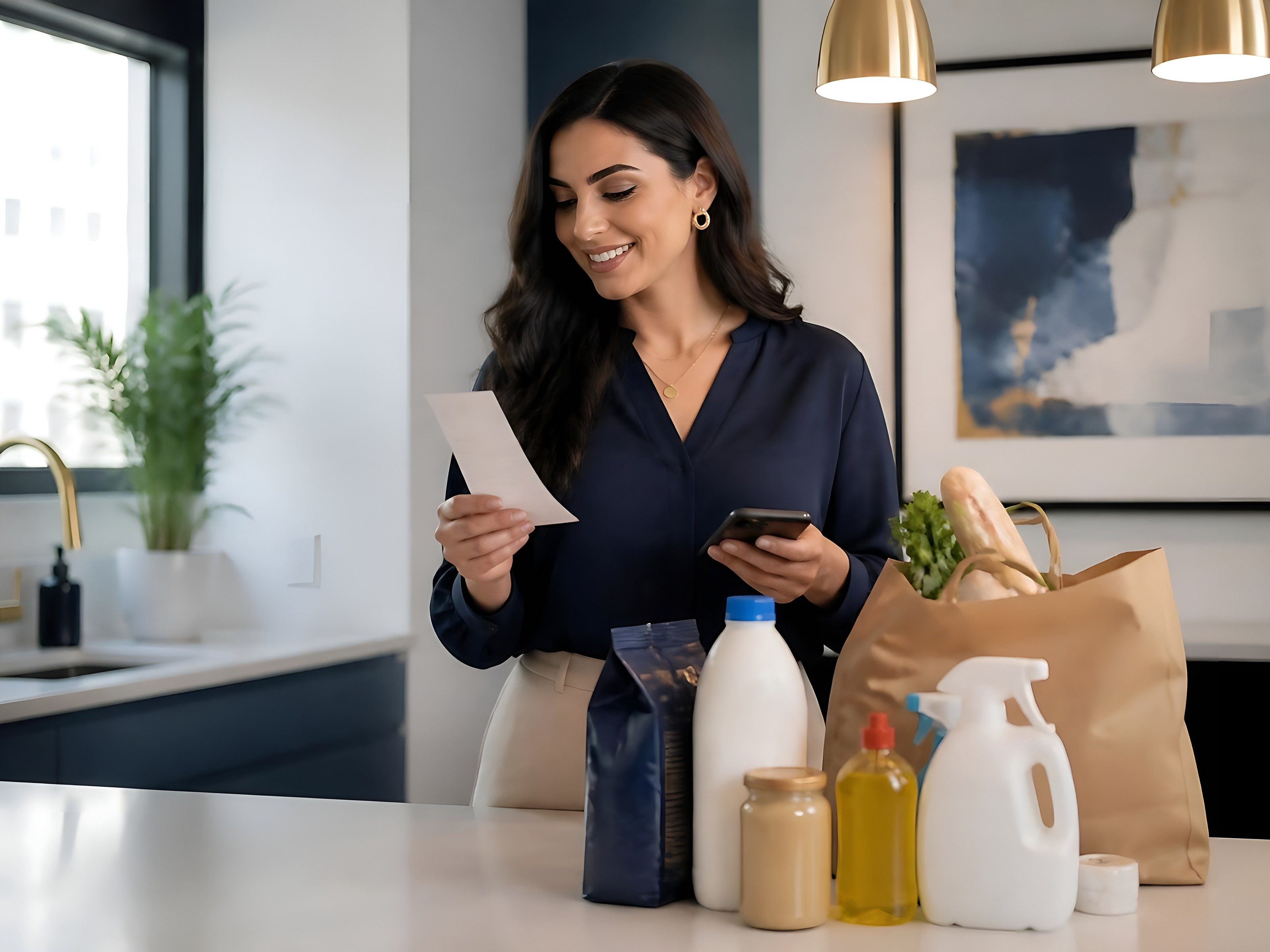 An office administrator unpacks pantry and cleaning supplies, holding the supermarket receipt