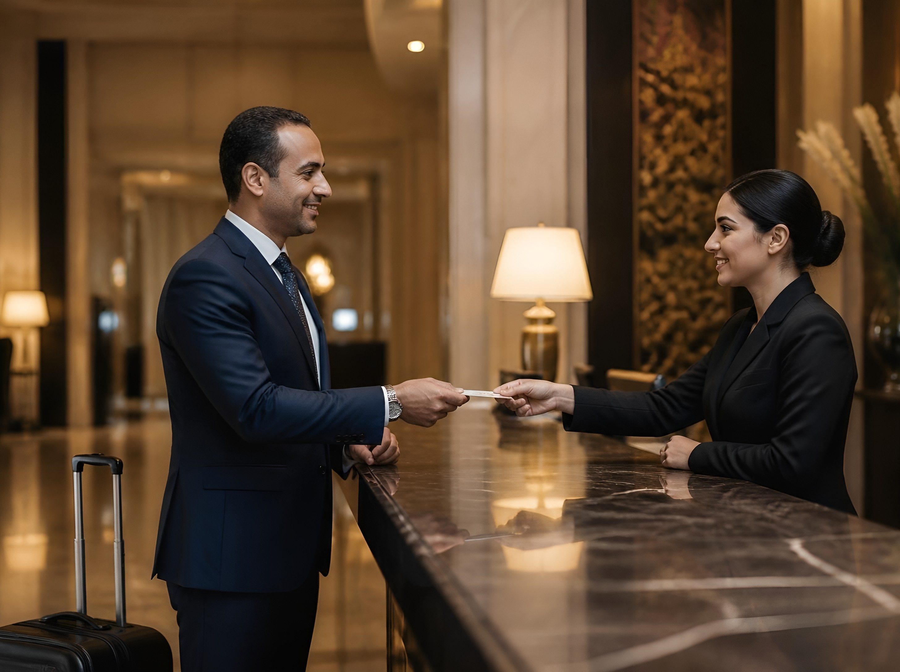 Business traveller checking in at a Cairo hotel front desk